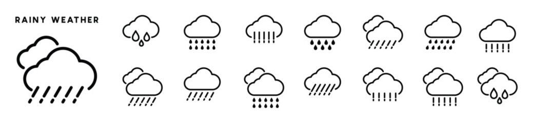 Rain weather icon set. Heavy rain weather icons collection. Rainfall icon symbol. Raindrops and clouds symbol in line or outline style for apps and websites, vector illustration