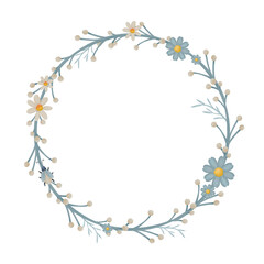 Pastel simple greenery wreath. Round frame template with blue and white flowers for cards, wedding invitation, posters.