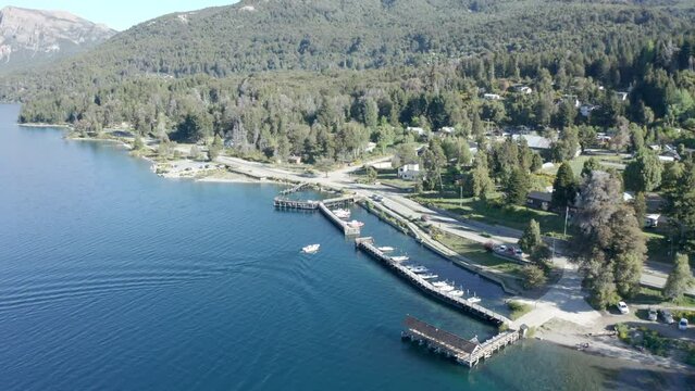 AERIAL - Pier on Traful lake, Patagonia, R&iacute;o Negro, Argentina, forward approach shot