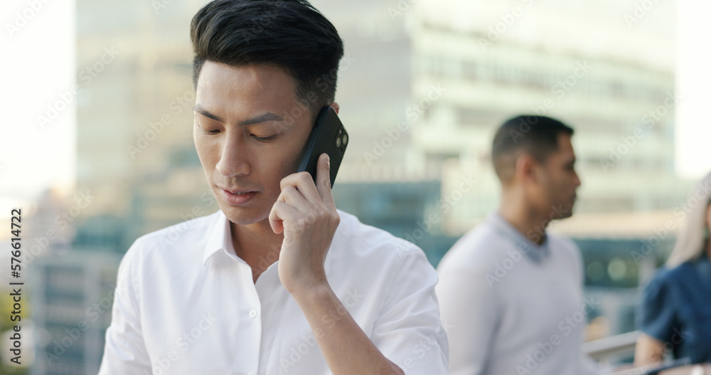 Poster businessman, work phone call and communication with networking, b2b and professional discussion in t