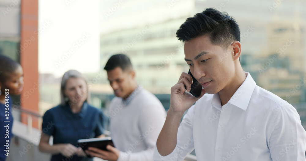 Poster Businessman, work phone call and communication with networking, b2b and professional discussion in Tokyo. Talking, business deal and negotiation with lawyer and phone conversation, technology and 5g.