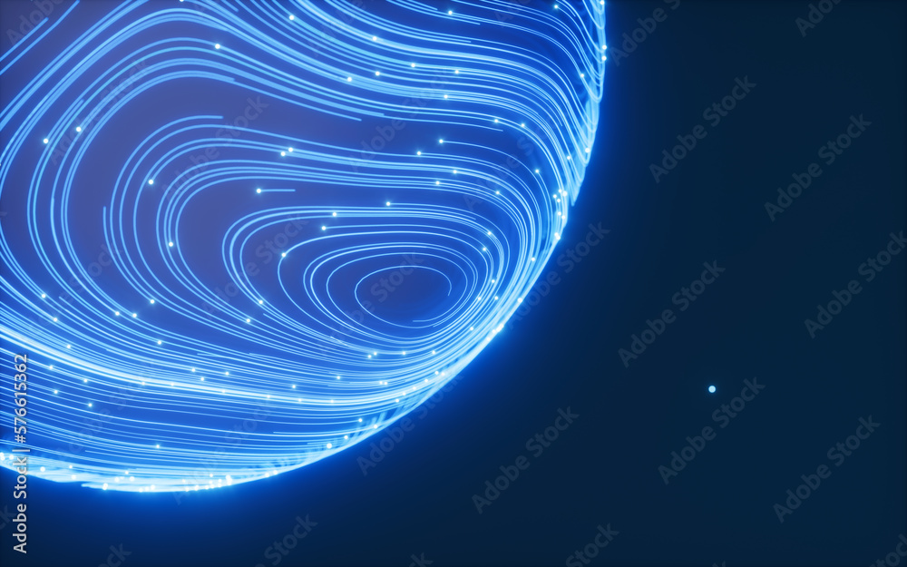 Poster abstract flowing lines and glowing particles, 3d rendering.