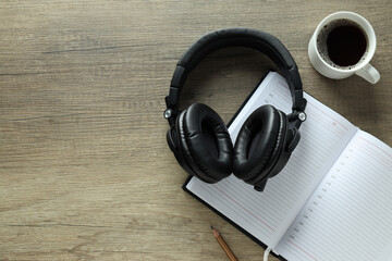 Concept of listening audio, music with headphones