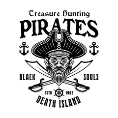 Pirates vector emblem with men head and two crossed sabers monochrome vintage illustration isolated on white background