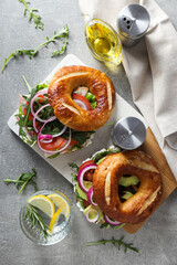 Concept of delicious food - tasty bagel sandwich, top view