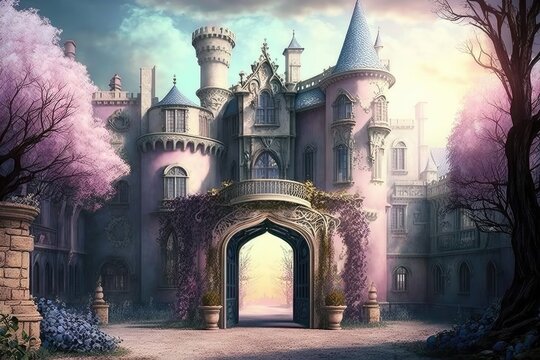 Castle Illustration, Dreamlike in Pastel Colors 3. Generative AI