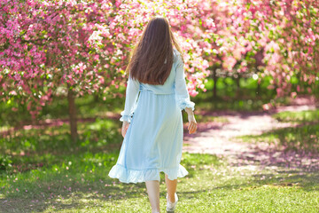 a brunette girl with long hair, walking in a blue dress through a pink blooming garden