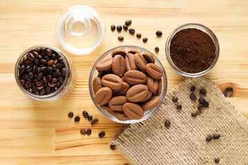 Concept of tasty snack for hot drink - cookies in the shape of coffee seeds