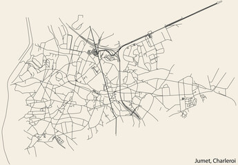 Detailed hand-drawn navigational urban street roads map of the JUMET MUNICIPALITY of the Belgian city of CHARLEROI, Belgium with vivid road lines and name tag on solid background
