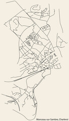 Detailed hand-drawn navigational urban street roads map of the MONCEAU-SUR-SAMBRE MUNICIPALITY of the Belgian city of CHARLEROI, Belgium with vivid road lines and name tag on solid background