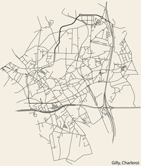 Detailed hand-drawn navigational urban street roads map of the GILLY MUNICIPALITY of the Belgian city of CHARLEROI, Belgium with vivid road lines and name tag on solid background