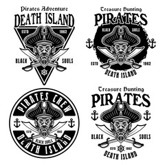 Pirates set of vector emblems in monochrome vintage style illustration isolated on white background