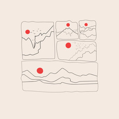 Outline Mountains, red round sun or moon. Various landscapes set. Abstract modern design. Hand drawn trendy Vector illustration. Poster, print template
