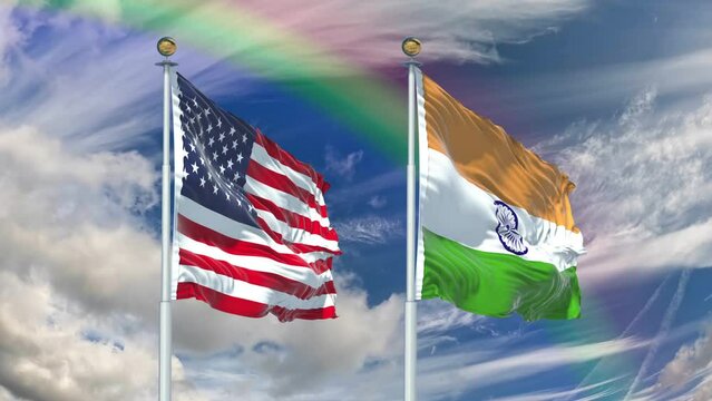 USA and India Flag Wave Loop waving in wind. Realistic United States vs India Flag background. USA India Flag Looping Closeup. Video of american sign. American and Indian flag Slow Motion. US American