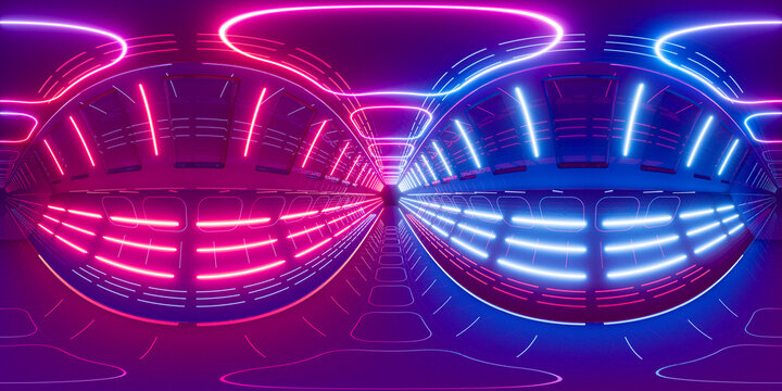 Neon tunnel 360 panorama background, 3d rendering.