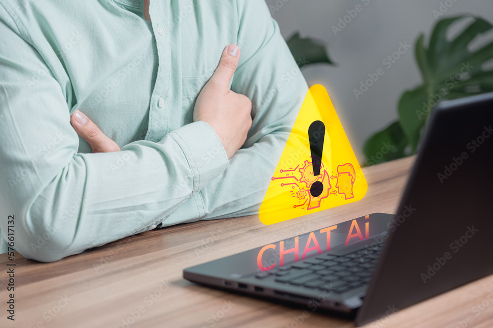 Poster Chat with AI, Artificial Intelligence. Adult man chatting with a smart AI using an artificial intelligence chatbot with triangle caution warning sign for notification error concept.
