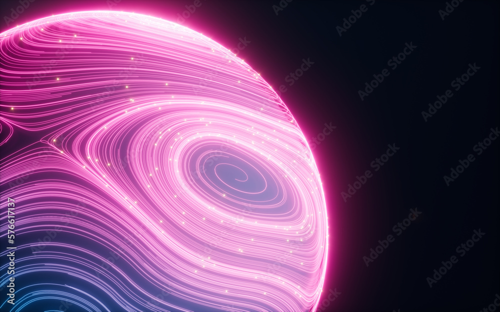 Poster abstract flowing lines and glowing particles, 3d rendering.