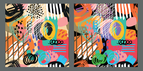A hand-drawn set various shapes and , spots, dots and moults. Different colors. Abstract modern seamless background. Modern patchwork illustration in vector