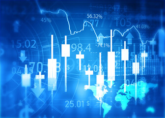 Stock market trading graph. Financial graph with  modern buildings architecture background. 3d illustration.