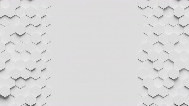 Abstract geometric background. White surface with moving hexagonal shapes on both sides. 3d animation ready to loop