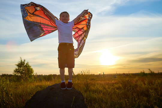 Handsome Boy With Bright Butterfly Wings Having Fun In Meadow On Natural Landscape With Grass And Flowers On Sunny Summer Day. Portrait Of A Teenage Guy In Spring Season Outdoors On Field