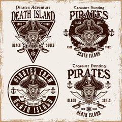 Pirates set of vector emblems in vintage style illustration isolated on background with removable grunge textures