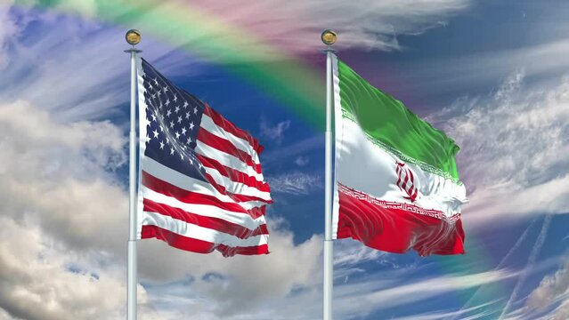 The flags of the United States and Iran flying in the sky with a rainbow in 4k resolution and 60 frames per second