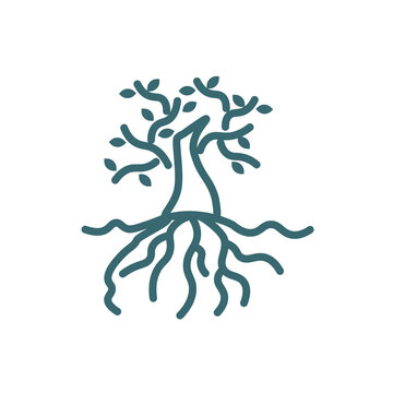 tree and roots icon. Thin line tree and roots, tree icon from ecology collection. Outline vector isolated on white background. Editable tree and roots symbol can be used web and mobile