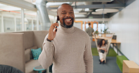 Naklejka premium Business man, phone call and office worker doing mobile networking and communication for work. Online, businessman and financial advisor talking and planning on a cellphone in coworking space
