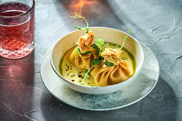 Classic crepe suzette with orange jam, ice cream and berries in a plate. A delicious dessert