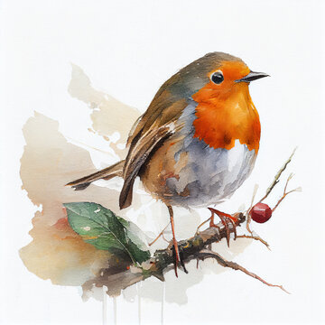 A small robin on a branch in a watercolour illustration style