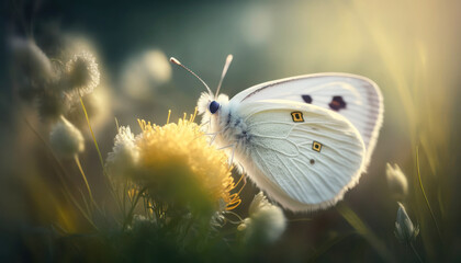 Beautiful White Butterfly on a Flower in a grass patch at the edge of a forest on a bright sunny day. Generative AI	