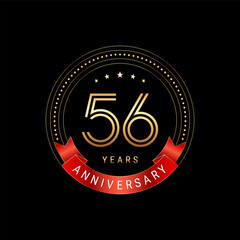 56th Anniversary. Anniversary logo design with golden number and red ribbon. Logo Vector Template