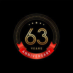 63th Anniversary. Anniversary logo design with golden number and red ribbon. Logo Vector Template
