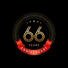 66th Anniversary. Anniversary logo design with golden number and red ribbon. Logo Vector Template