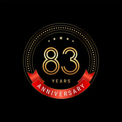 83th Anniversary. Anniversary logo design with golden number and red ribbon. Logo Vector Template