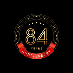 84th Anniversary. Anniversary logo design with golden number and red ribbon. Logo Vector Template