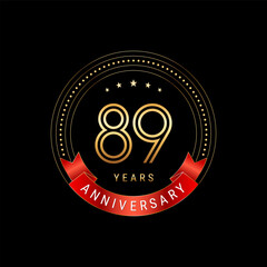 89th Anniversary. Anniversary logo design with golden number and red ribbon. Logo Vector Template