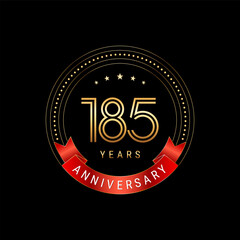 185th Anniversary. Anniversary logo design with golden number and red ribbon. Logo Vector Template