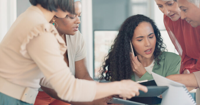 Business Woman, Phone Call With Multitasking And Anxiety, Burnout With Documents For Signature And Work Balance Fail. Mental Health, Communication And Chaos, Crisis With Anxiety And Business Women