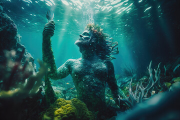 Fototapeta na wymiar Statue underwater holding a fork, PNG, Gnerative AI