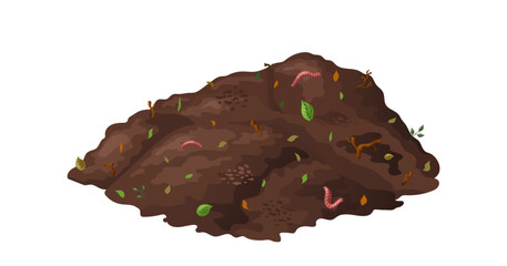 Organic soil heap for compost, garden recycling natural garbage. Earth worms and biodegradable trash. Vector illustration