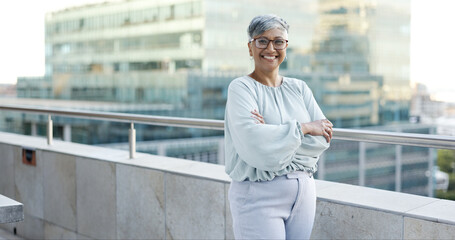 Face of business woman in city building for corporate leadership, career success or management...