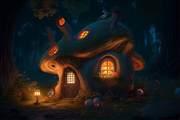 A mushroom house in a forest with pumpkins on the bottom with generative ai 