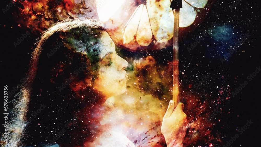 Poster shamanic girl with frame drum on abstract structured space background.