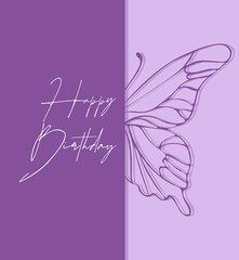 Happy Birthday card with butterfly silhouette, lilac and purple colors. Vector illustration
