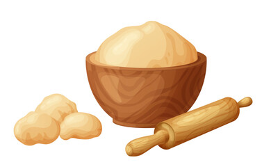 Fresh raw dough for bakind. Homemade tasty bread. Cartoon of wooden kitchen rolling pin. Vector illustration for menu, cafe, restaurant