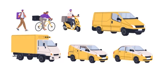 Zelfklevend Fotobehang Delivery service transport types set. Walking courier, delivering on bicycle, scooter, bike, car, van, lorry, different vehicles. Flat graphic vector illustrations isolated on white background © Good Studio