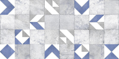 blue geometric design and cement texture, ceramic tile surface