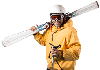 Handsome young man wearing skiing suit on white